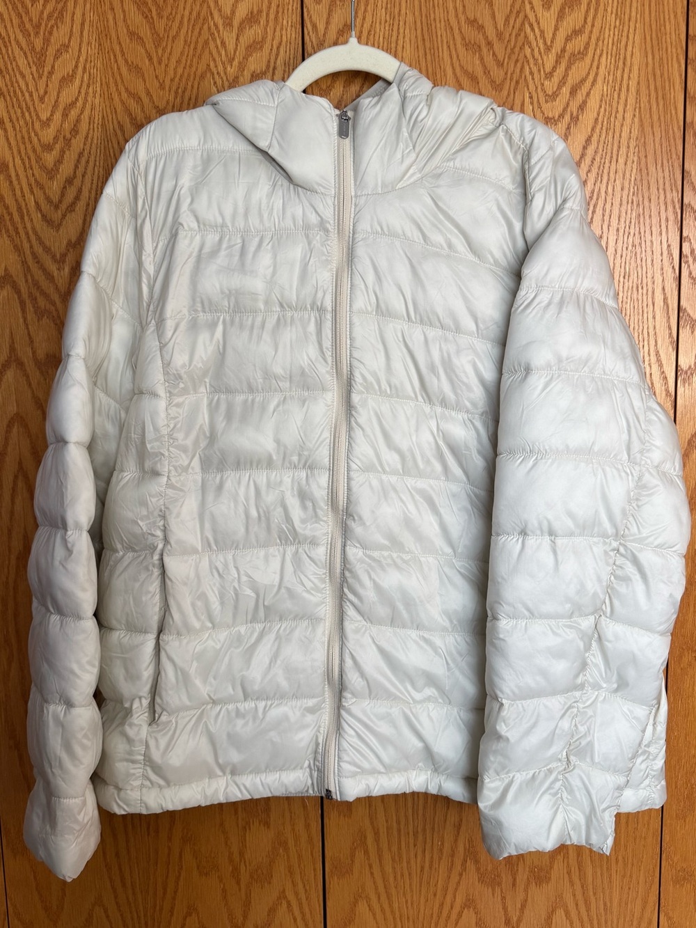 Athleta Aire Puffer Jacket 1X Ivory Packable Hooded Lightweight Coat